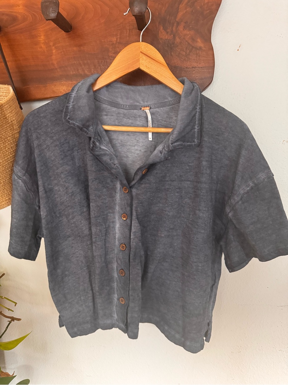 Free People 100% Cotton Button Front Polo Shirt Denim Wash Medium